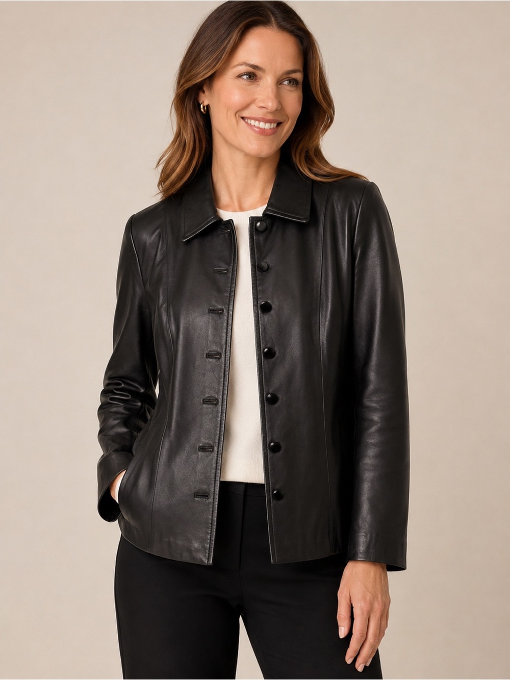 Talbots Women’s Black Genuine Leather Button-Front Jacket Size 10 Blazer Office